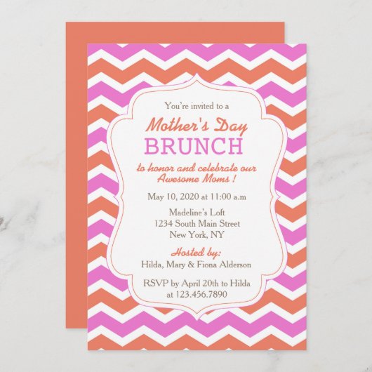 Roze en Oranje Chevron Moederdag Brunch Party Kaart (Voorkant / Achterkant)