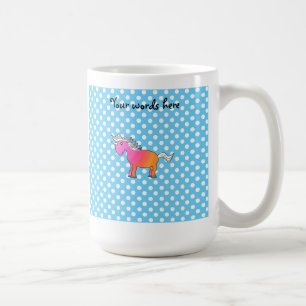 Roze en oranje eenhoorn op blauwe polka dots koffiemok