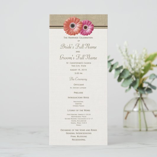 Roze en Oranje Gerbera Daisy Wedding Program Programma (Staand voorkant)