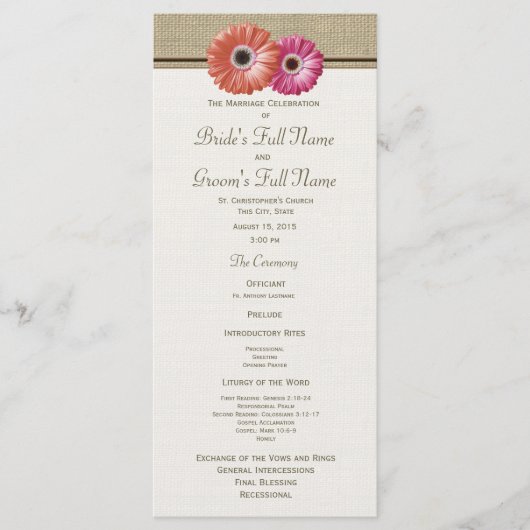 Roze en Oranje Gerbera Daisy Wedding Program Programma (Voorkant)