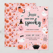 Roze en oranje Halloween 4e verjaardagsuitnodiging Kaart (Voorkant / Achterkant)