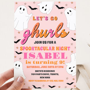 Roze en oranje Let's Go Ghurls Halloween-verjaarda Kaart