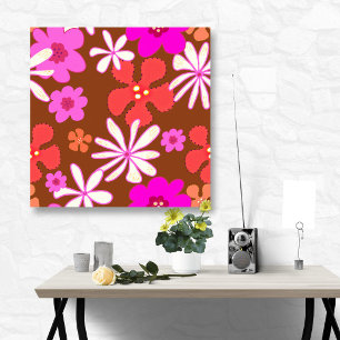 Roze en oranje retro bloemkunst voor aan de muur poster