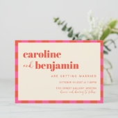 Roze en Oranje Schaakbord Patroon Bruiloft Kaart (Staand voorkant)