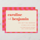 Roze en Oranje Schaakbord Patroon Bruiloft Kaart (Voorkant / Achterkant)