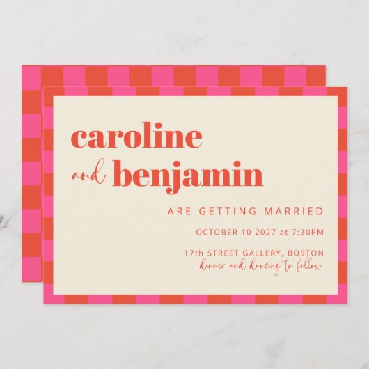 Roze en Oranje Schaakbord Patroon Bruiloft Kaart (Voorkant / Achterkant)