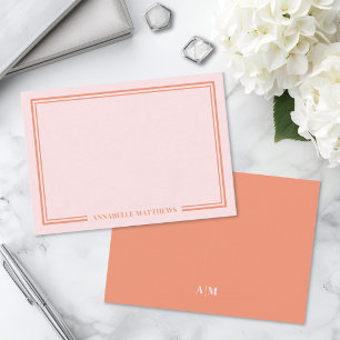 Roze en oranje tweegrens monogram notitiekaartje