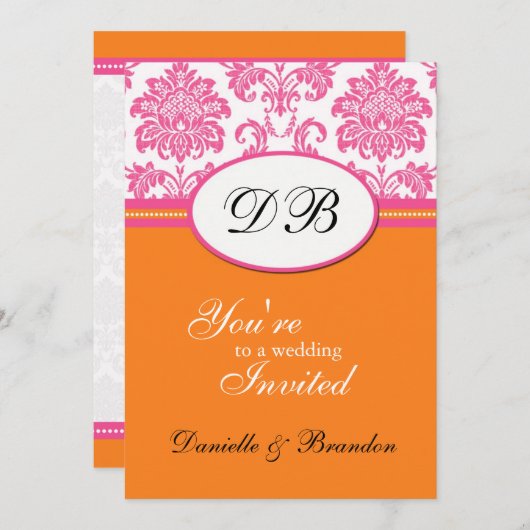 Roze en Oranje Uitnodiging van het Monogram van he (Voorkant / Achterkant)