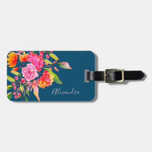 Roze en Oranje Waterverf Flowers Navy Name Bagagelabel