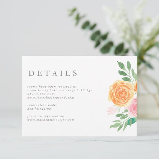 Roze en Oranje Waterverf Rozen bruiloft Informatiekaartje (Staand voorkant)
