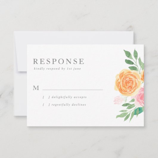 Roze en Oranje Waterverf Rozen bruiloft RSVP Kaartje (Voorkant)