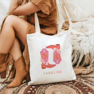 Roze en oranje westerse cowboylaarzen gepersonalis tote bag