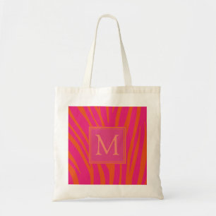 Roze en oranje zebra strepen monogram tote bag