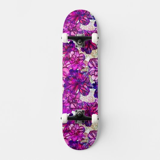 Roze en Paarse Abstracte bloemen Skateboard (Voorkant)