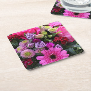 Roze en paarse bloemboeket foto vierkante kartonnen onderzetter