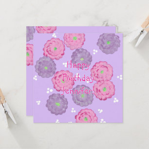 Roze en paarse bloemen gepersonaliseerde verjaarda kaart