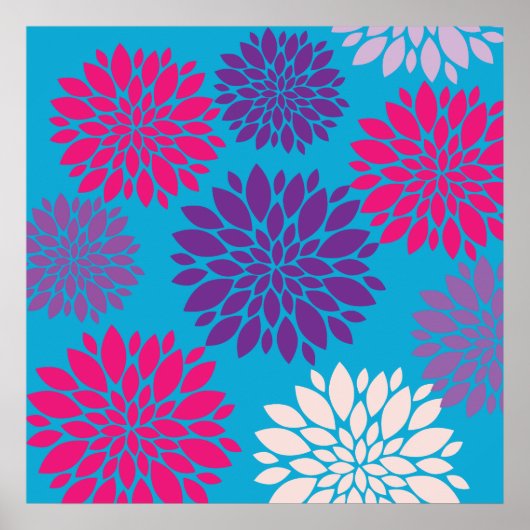 Roze en paarse bloemen op Blauwgroen blauw Poster (Voorkant)
