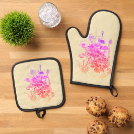 Roze en paarse bloemen ovenwant & pannenlap set