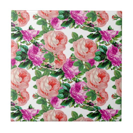  roze en Paarse bloemmotief Roos Tegeltje (Voorkant)