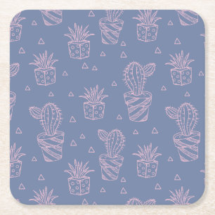 Roze en Paarse Cartoon Cactus Patroon Vierkante Kartonnen Onderzetter