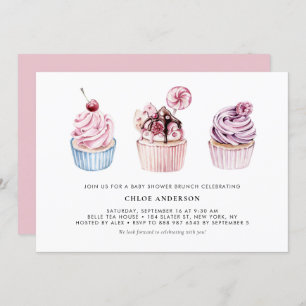 Roze en Paarse Cupcakes Baby shower Brunch Kaart