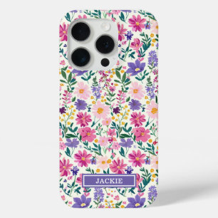 Roze en paarse Ditsy-bloemen Monogram iPhone 15 Pro Case