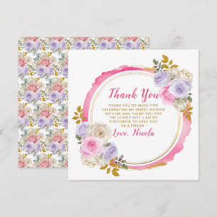 Roze en Paarse Elegante Bloemen Sweet Sixteen Bedankkaart