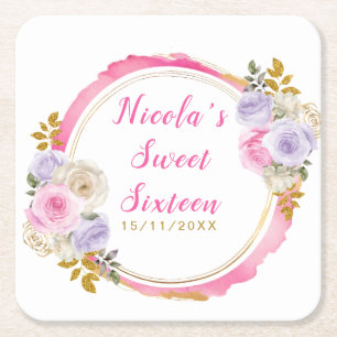 Roze en paarse elegante bloemen Sweet Sixteen Vierkante Kartonnen Onderzetter
