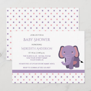 Roze en Paarse Elephant Baby Shower Invitations Kaart