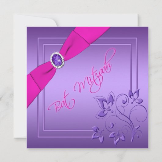 Roze en Paarse Floral Bat Mitzvah Uitnodiging (Voorkant)