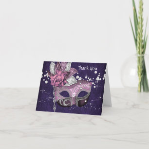 Roze en paarse gemaskerde feest dank je kaarten