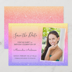 Roze en Paarse Glitter Sweet 16 Save the Date Kaart
