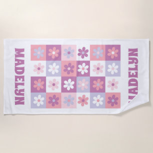Roze en Paarse Groovy Daisy Checkerboard Strandlaken