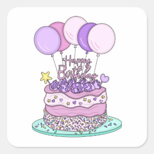 Roze en Paarse Happy Birthday Vierkante Sticker