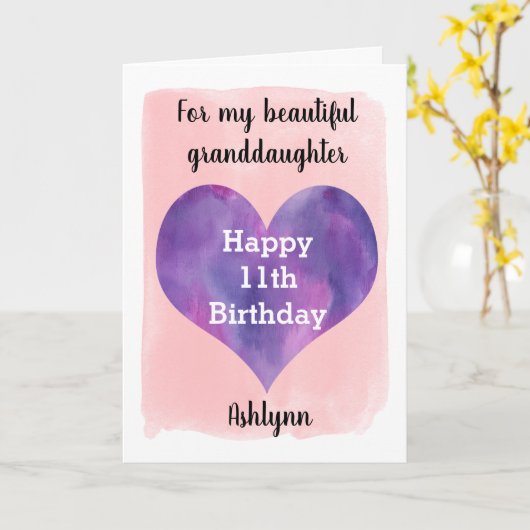 Roze en Paarse Hart 11e Verjaardag Kleindochter Kaart (Gele Bloem)