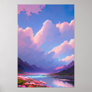 Roze en Paarse hemden boven een bergmeer Poster