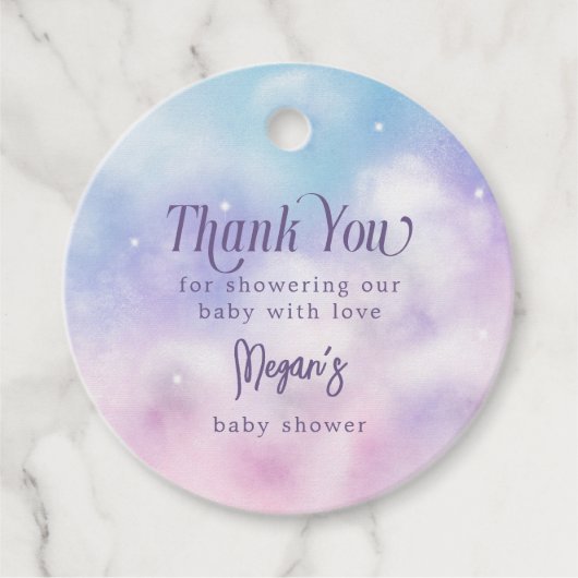 Roze en Paarse hemel zendt Baby shower Bedankjes Labels (Voorkant)