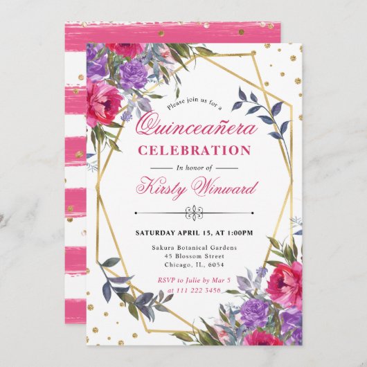 Roze en Paarse lentebloemen Lijst Quinceanera Kaart (Voorkant / Achterkant)