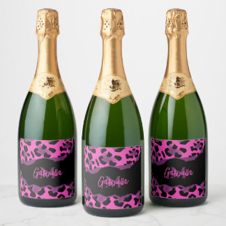 Roze en Paarse luipaard afdrukken Sparkling Wijnetiket