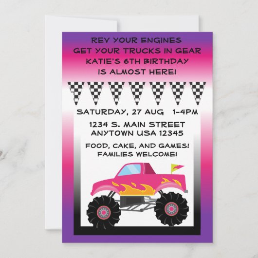 Roze en Paarse monster Truck 5 x 7 inch Kaart (Voorkant)