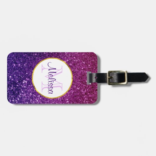 Roze en Paarse mousserende glitter Gemstenen Monog Bagagelabel (Voorkant horizontaal)