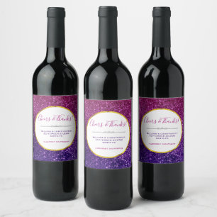 Roze en Paarse mousserende glitter Gemstone Wedden Wijn Etiket