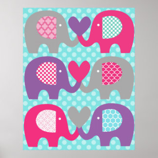 Roze en Paarse Olifant Liefde Babykamer Poster