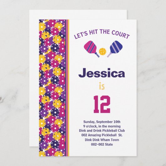 Roze en paarse Pickleball B-day party + RSVP Kaart (Voorkant / Achterkant)