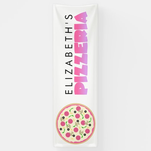 Roze en Paarse Pizzeria Verjaardagsfeestje Spandoek (Verticaal)