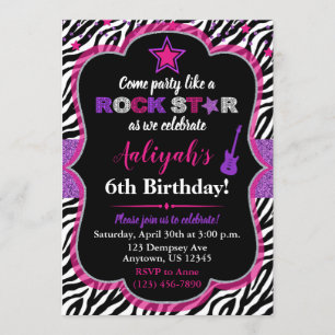 Roze en Paarse Rock Star Girl Birthday Invitation Kaart