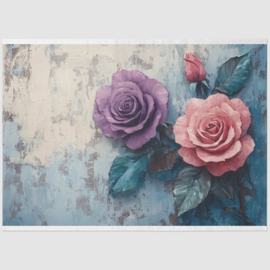 Roze en Paarse Rozen Distressed Decoupage Tissuepapier (Voorkant)