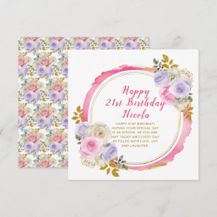 Roze en Paarse sierlijke bloemen verjaardag Kaart