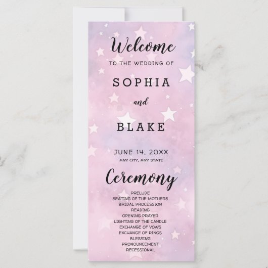 Roze en Paarse sterren hemelse bruiloft programma (Voorkant)