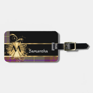 Roze en paarse tartan en monogram bagagelabel